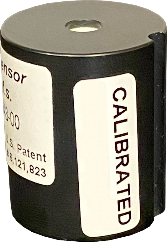 Black cylindrical sensor with 'Calibrated' label on a white background