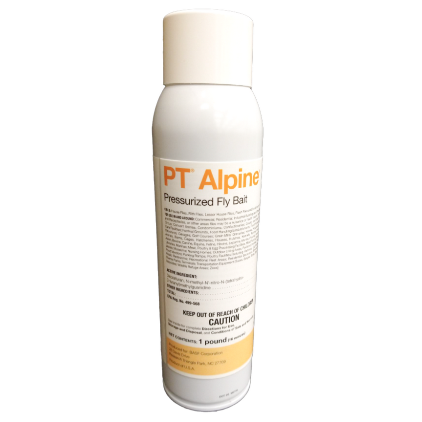 A white aerosol spray can labeled 'PT Alpine Pressurized Fly Bait' with orange and yellow text.