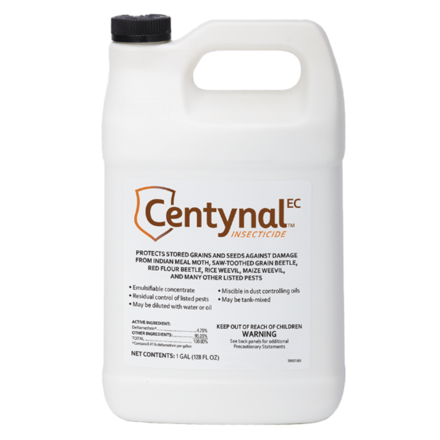 A white gallon-size container with a label featuring the product name 'Centynal EC' for insect control.