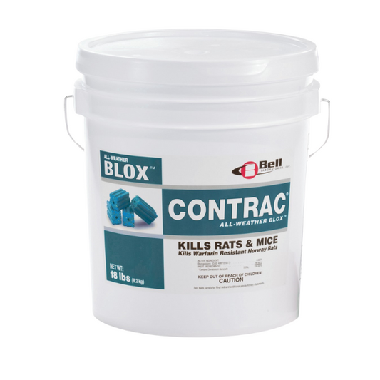 A white bucket with the CONTRAC brand logo and the product name 'Blox' on it. The bucket is labeled for rodent control and includes a picture of the blue bait blocks inside.