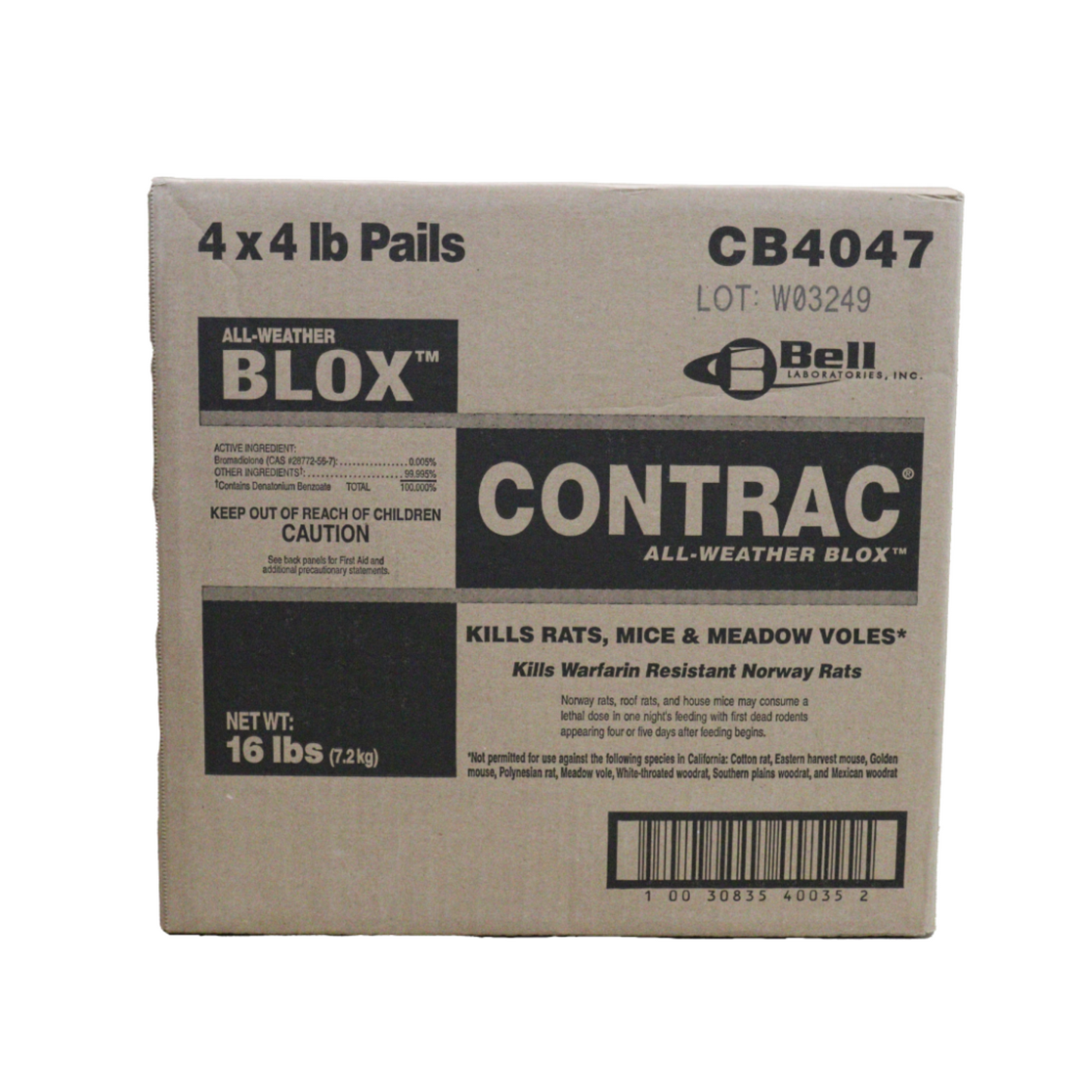 CONTRAC All-Weather BLOX is a single-feeding anticoagulant rodenticide containing the active ingredient, Bromadiolone. CONTRAC BLOX is specially formulated with an optimal blend of food-grade ingredients and a small amount of paraffin.