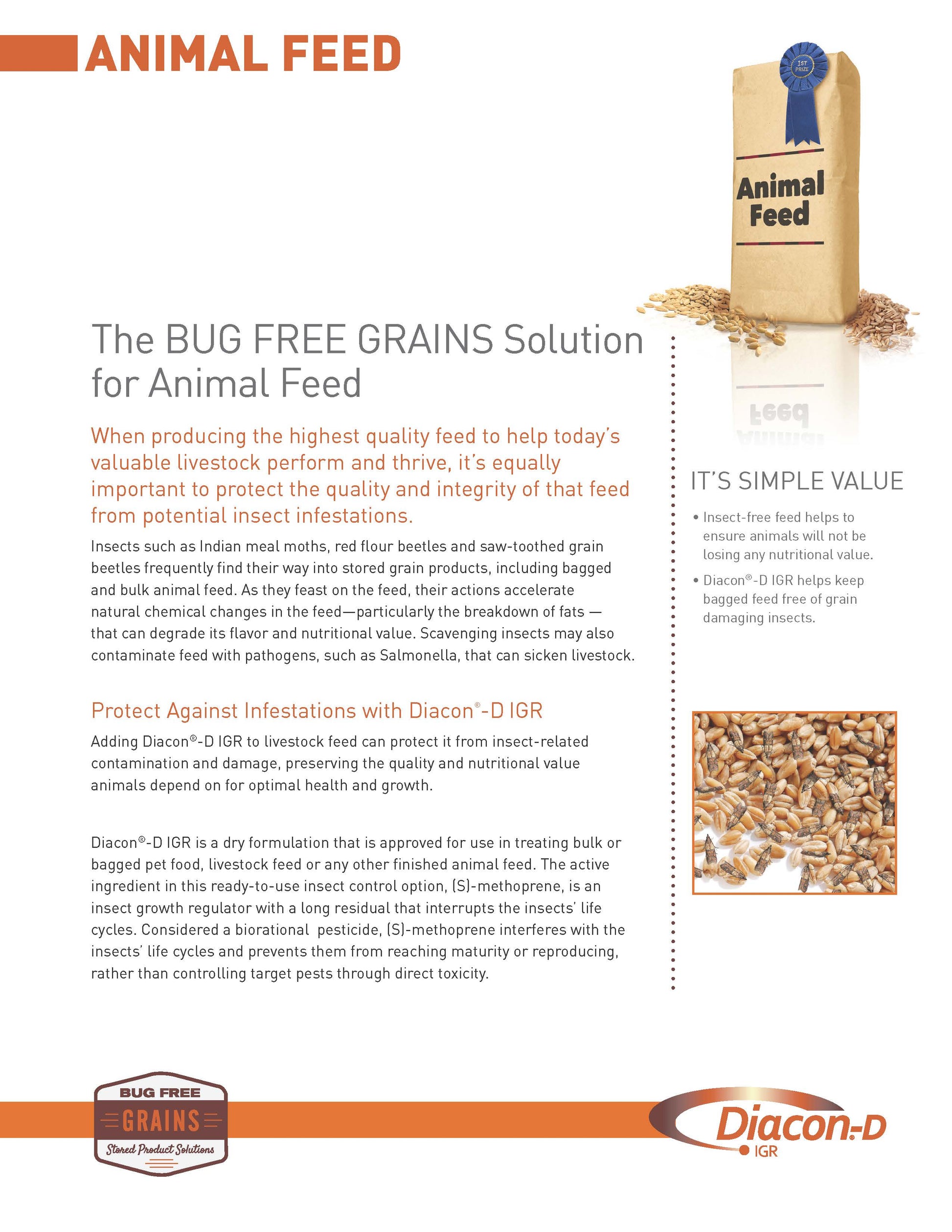 Advertisement for Bug Free Grains solution for animal feed with text and product image.