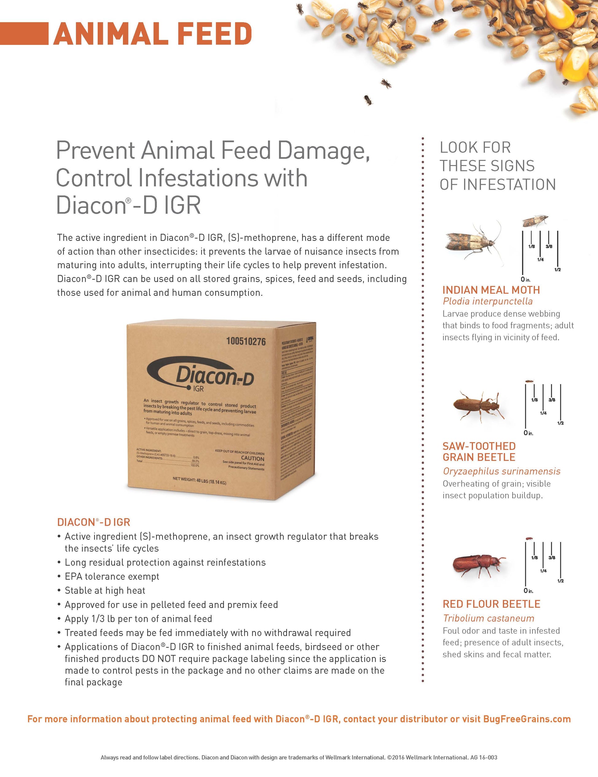 Advertisement for Diacon-D IGW animal feed protection with product packaging and pest illustrations.