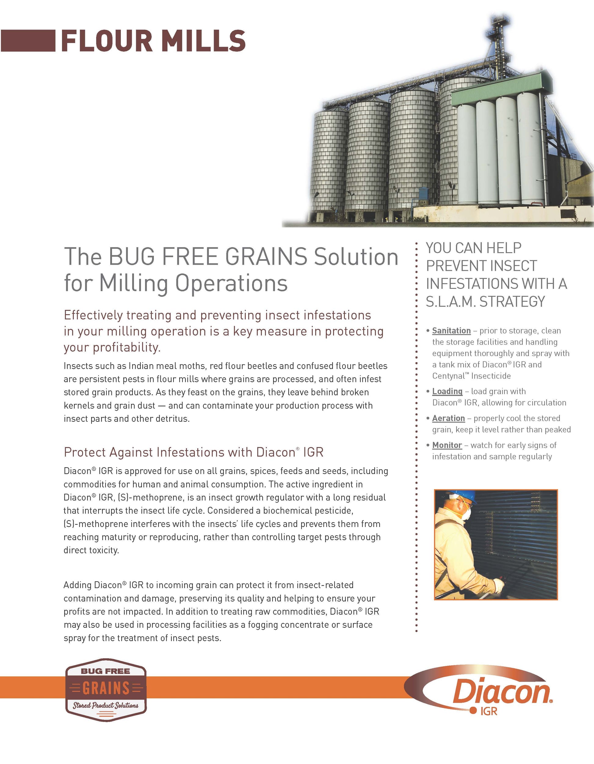 Advertisement for Diacon IGR insect control solution for flour mills, featuring text and images of grain storage facilities.
