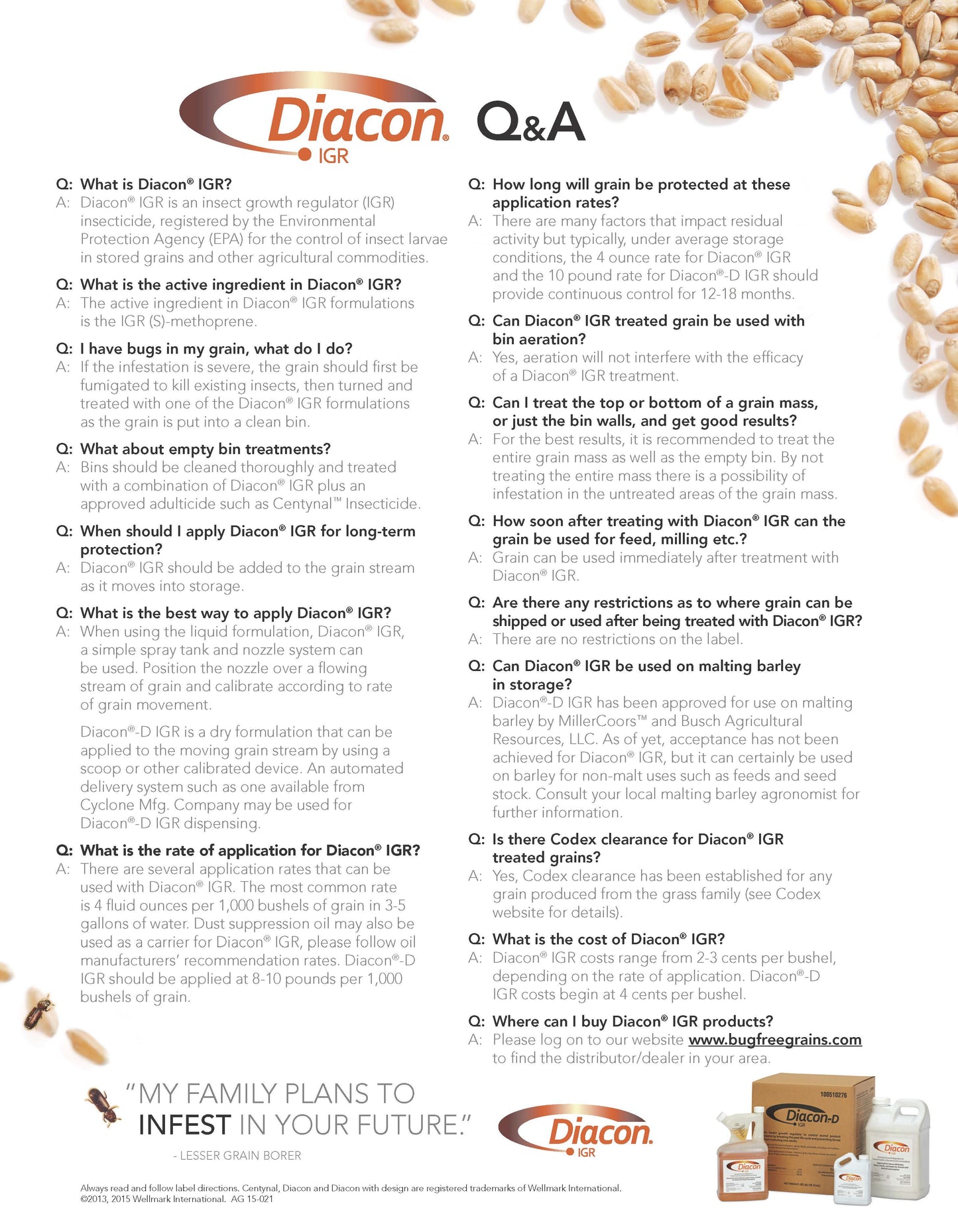 Diacon IGR product information sheet with questions and answers and images of grain and products.