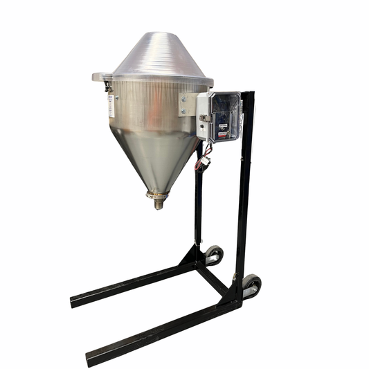 Metallic funnel-like device on a stand with a white background