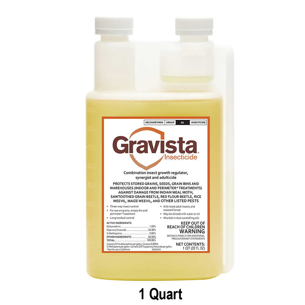 Gravista Liquid Grain Protectant combines three treatments in one to kill pests and stop their life cycles. It controls insects like Indian meal moths, grain beetles, weevils, and borers, protecting stored grains effectively.