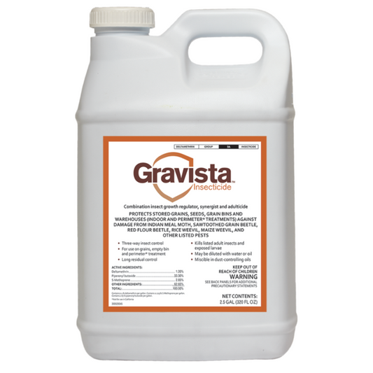 Gravista Liquid Grain Protectant combines three treatments in one to kill pests and stop their life cycles. It controls insects like Indian meal moths, grain beetles, weevils, and borers, protecting stored grains effectively.
