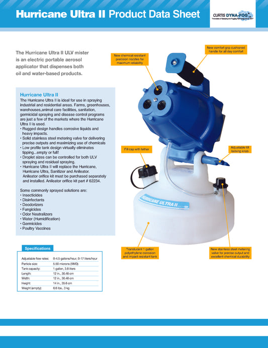 Product data sheet for Hurricane Ultra II ULV mister with detailed specifications and features.