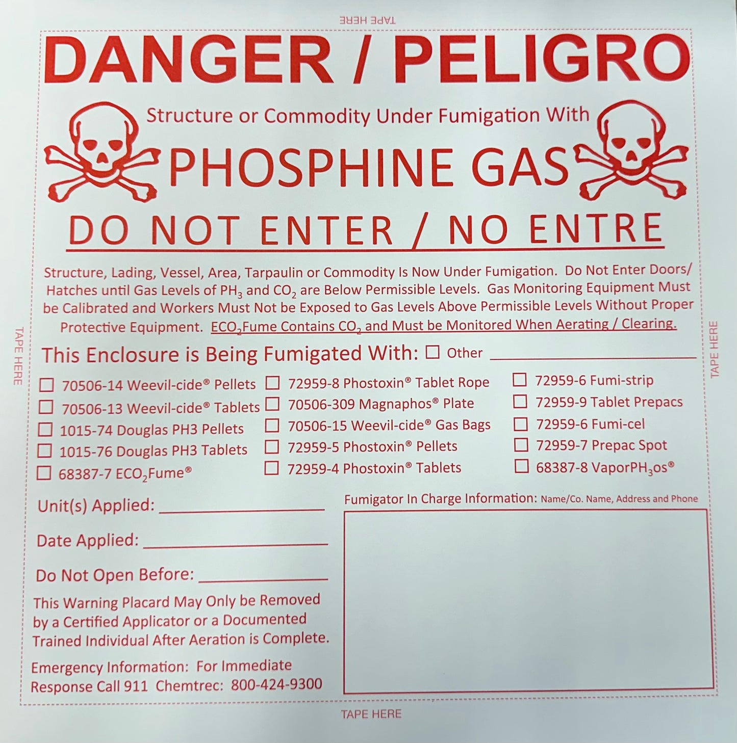 A red and white placard case for Phosphine gas fumigation, detailing safety procedures and equipment requirements.