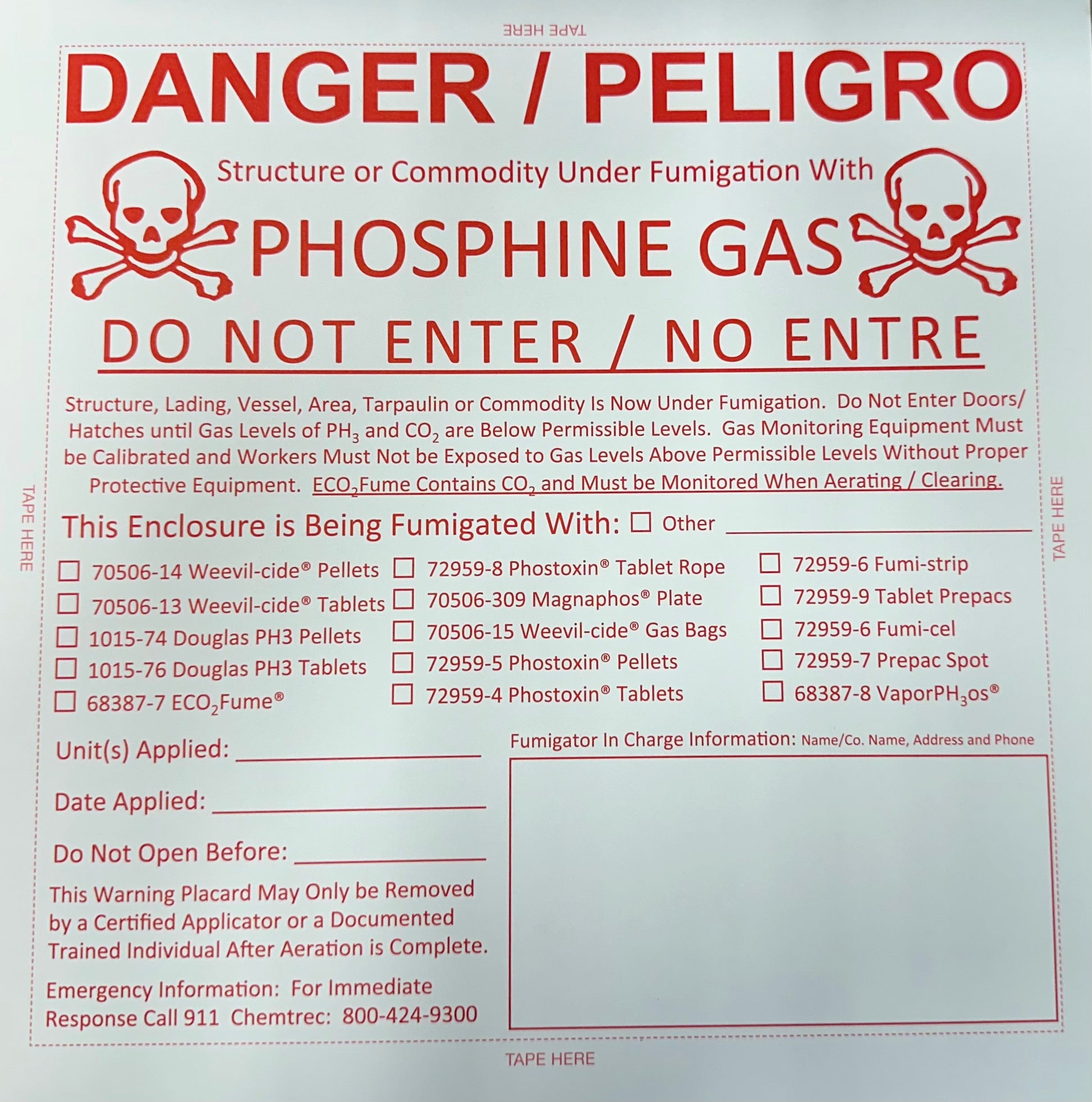 A red and white placard case for Phosphine gas fumigation, detailing safety procedures and equipment requirements.