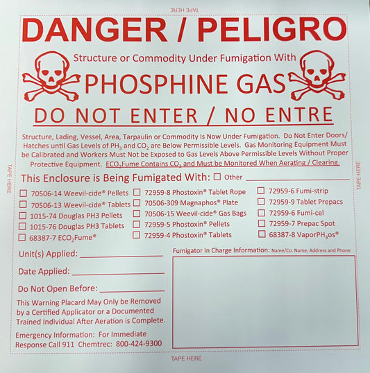 A red and white placard case for Phosphine gas fumigation, detailing safety procedures and equipment requirements.
