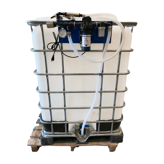 White industrial tank with plumbing and equipment on a white background