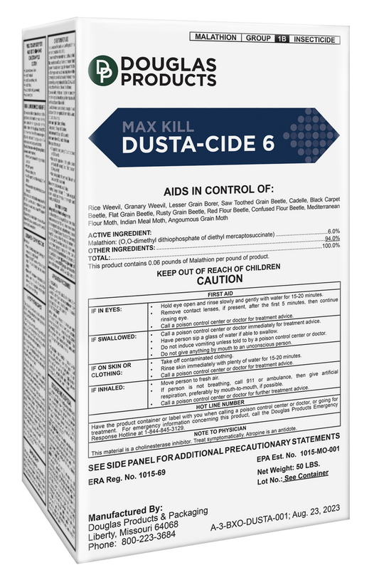 A package of Douglas Products Max-Kill Dusta-Cide 6, an insecticide dust formulation.