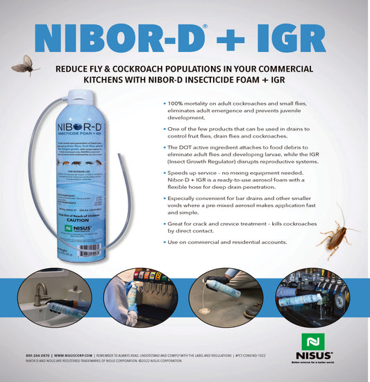Advertisement for NIBOR-D + IGR insecticidal foam with product image and usage scenarios.