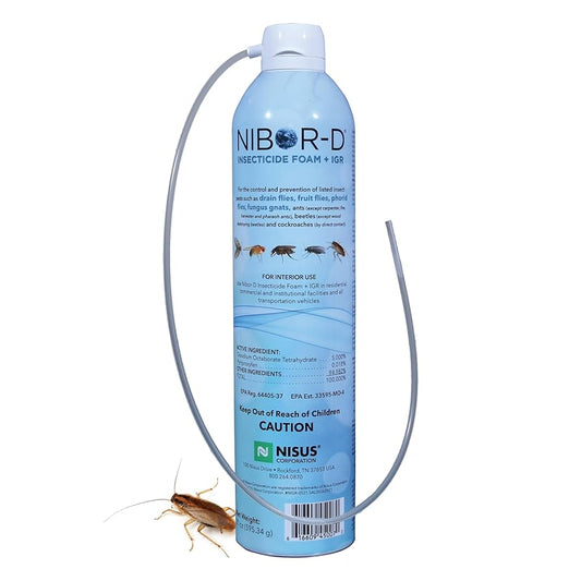 NIBOR-D insecticide foam can with a cockroach illustration on a white background