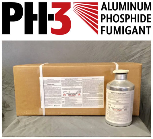 PH-3 Aluminum Phosphide Fumigant packaging with a bottle and box on a gray background
