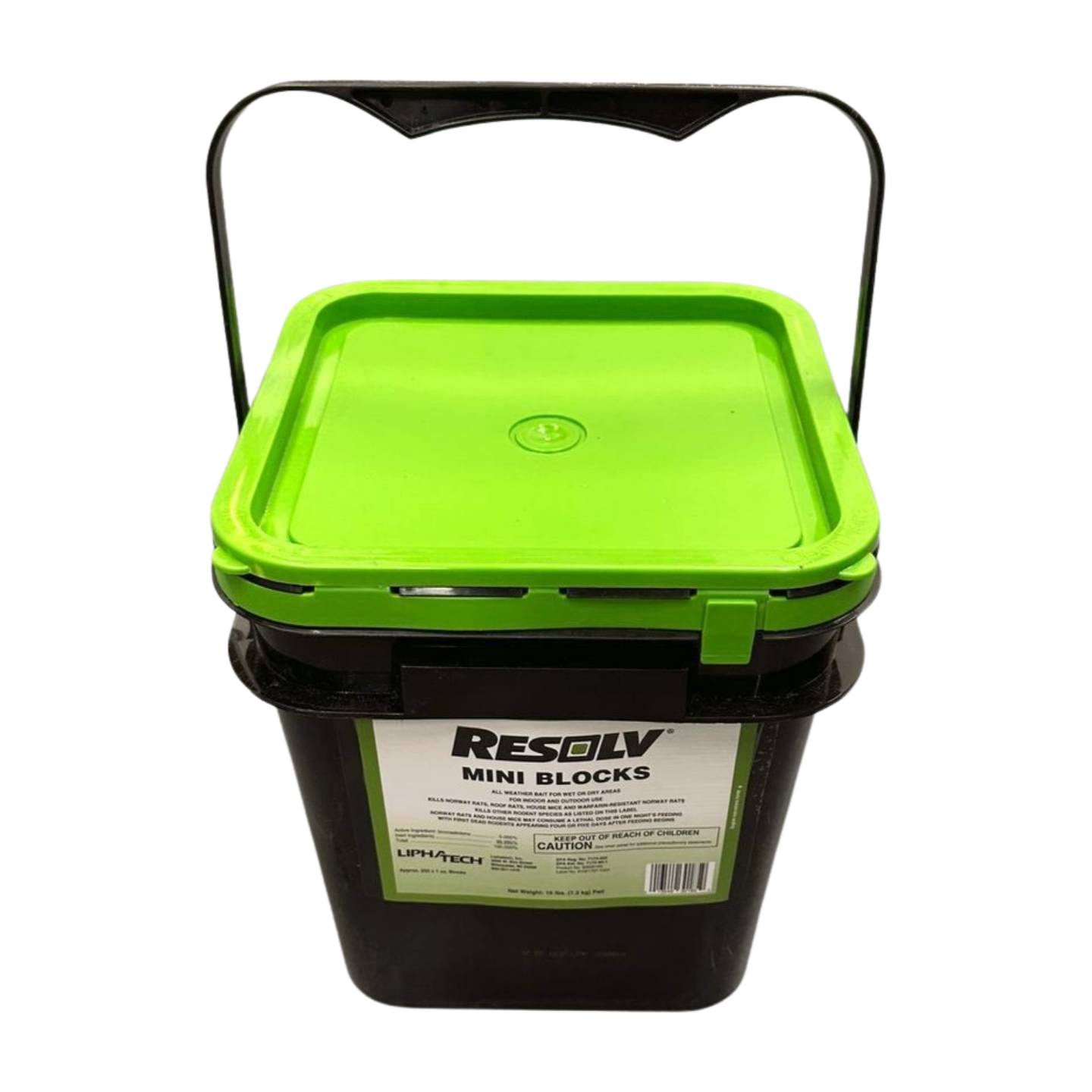 Black bucket with green lid labeled 'Resolv Mini Blocks' on a white background