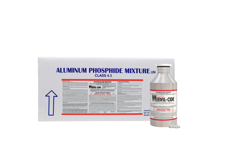 Aluminum phosphide mixture container with a bottle labeled 'Weevil-Cide' on a white background