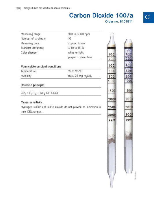 Draeger Carbon Dioxide 100/a detector tube data sheet, order number 8101811, with an unused and a discolored tube