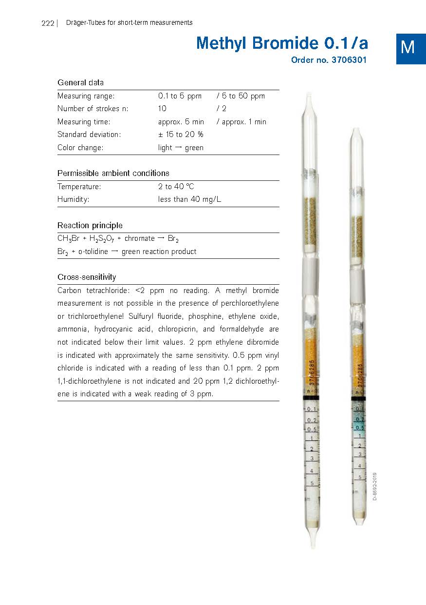 Draeger Methyl Bromide 0.1/a detector tube data sheet, order number 3706301, with an unused and a discolored tube