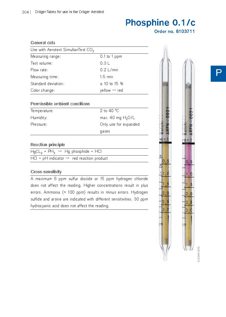 Draeger Phosphine 0.1/c data sheet, order number 8103711, for use with the Draeger Aerotest compressed-air test system