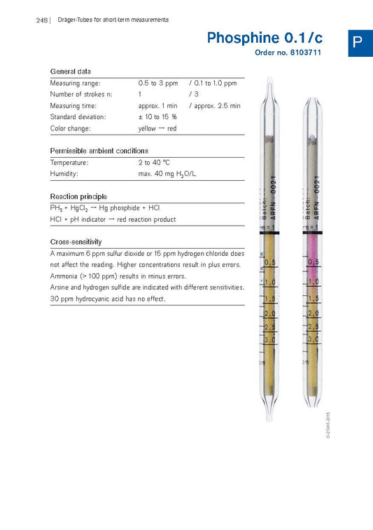 Draeger Phosphine 0.1/c detector tube data sheet, order number 8103711, with an unused and a discolored tube