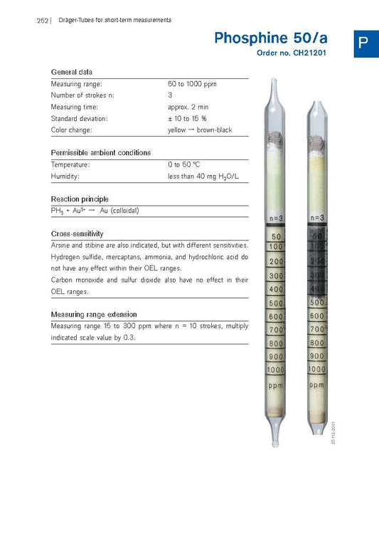 Draeger Phosphine 50/a detector tube data sheet, order number CH21201, with an unused and a discolored tube
