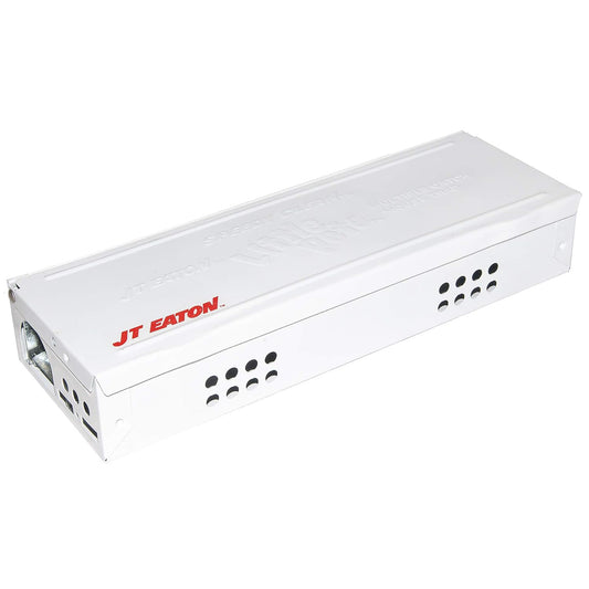 A white JT Eaton Multi Catch Mouse Trap with a solid lid and multiple catch areas.
