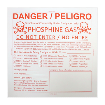 Phosphine gas fumigation warning placard with bilingual danger notice and write-in fields
