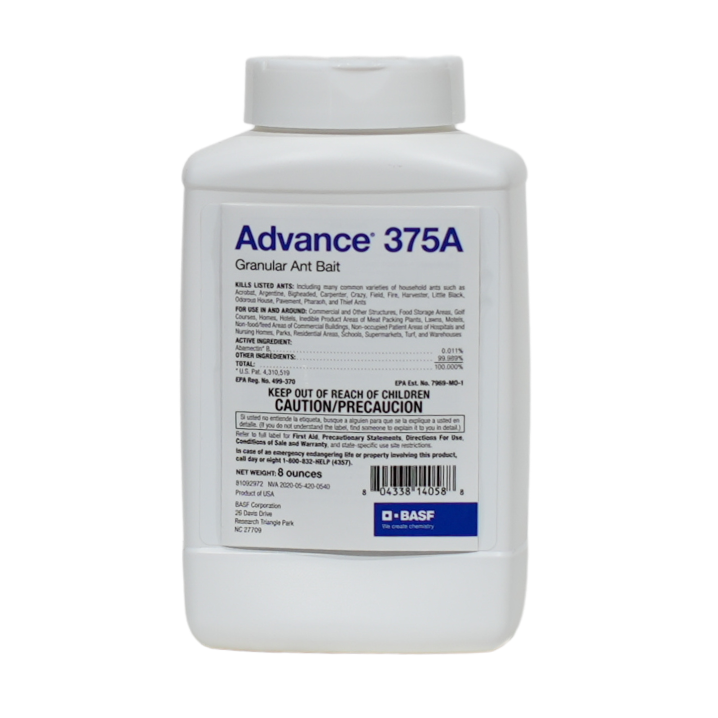 A white plastic container labeled 'Advance 375A Granular Ant Bait' with product details and branding.