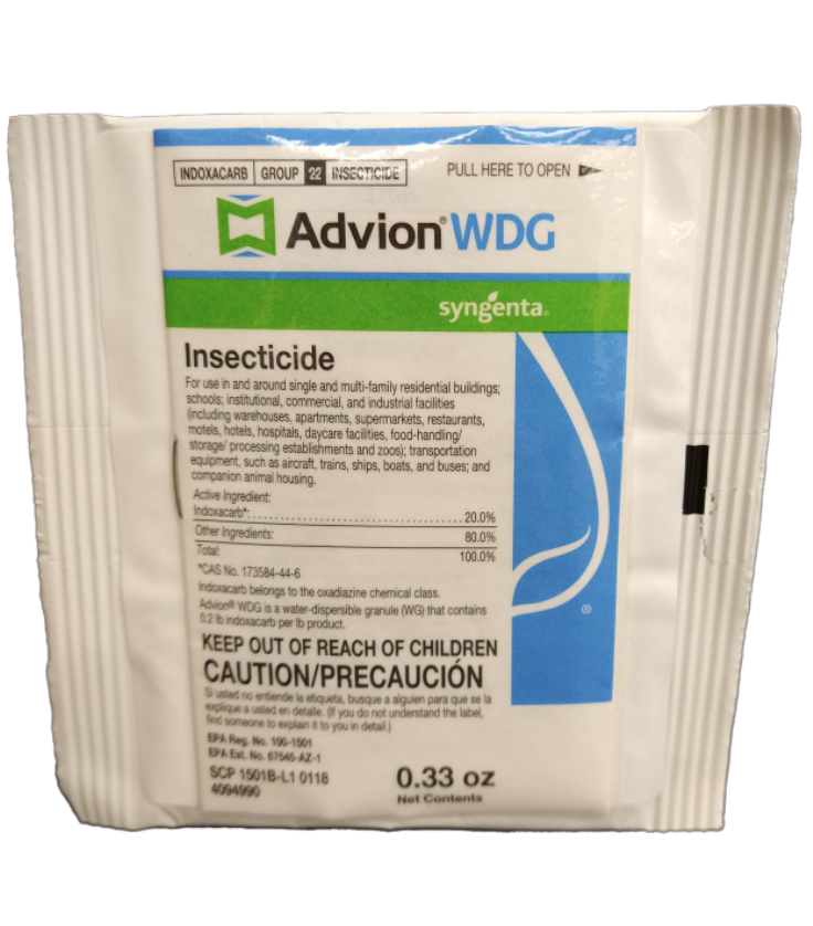 A white bottle labeled 'Advion WDG' with a gray spray nozzle on top, designed for use in household pest control.