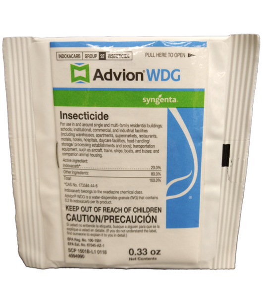 A white bottle labeled 'Advion WDG' with a gray spray nozzle on top, designed for use in household pest control.