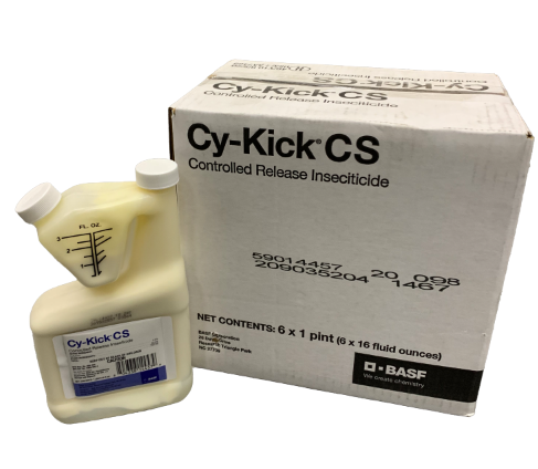 A white bottle labeled 'Cy-Kick CS' in a spray bottle design, indicating it is a controlled release insecticide.