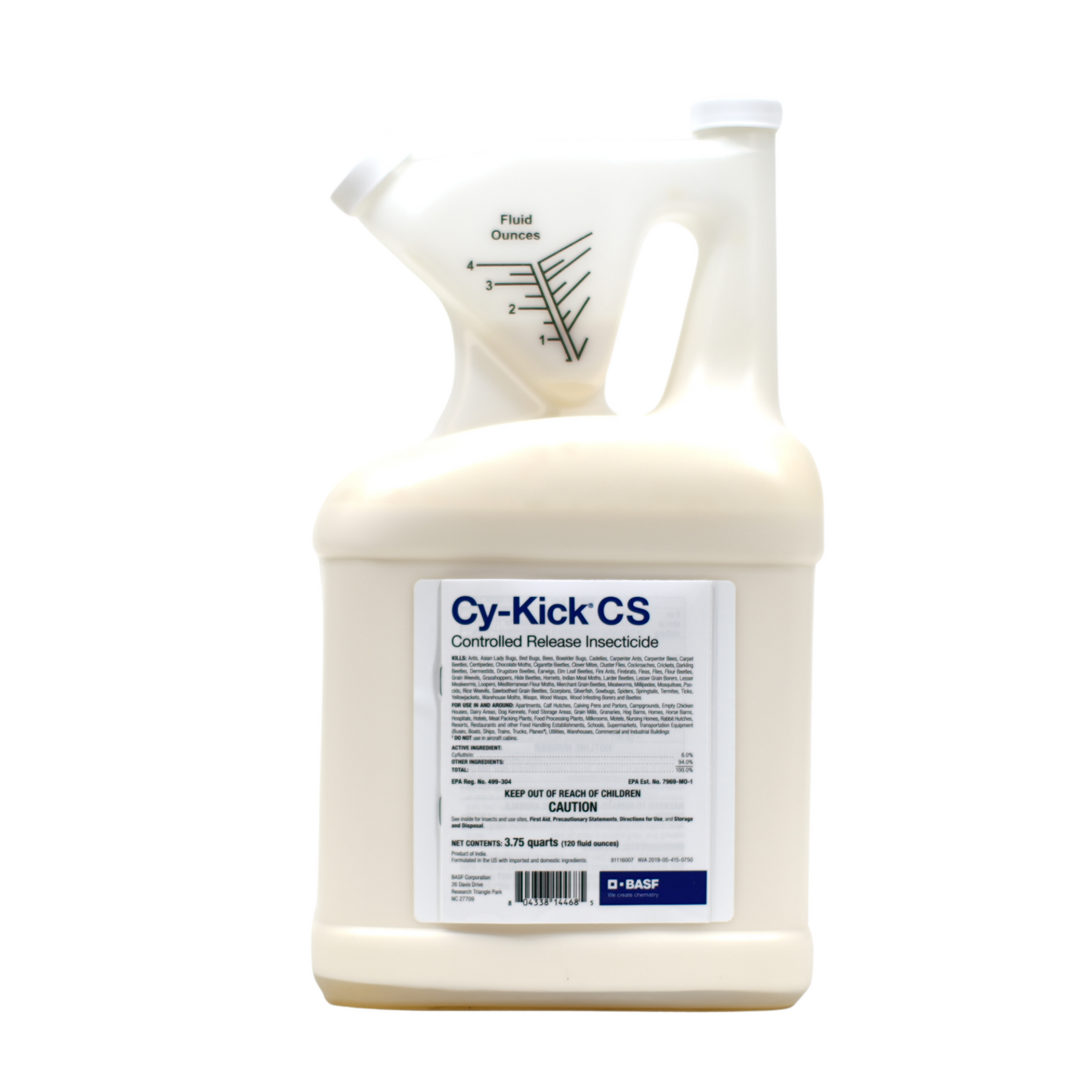 A white bottle labeled 'Cy-Kick CS' in a spray bottle design, indicating it is a controlled release insecticide.