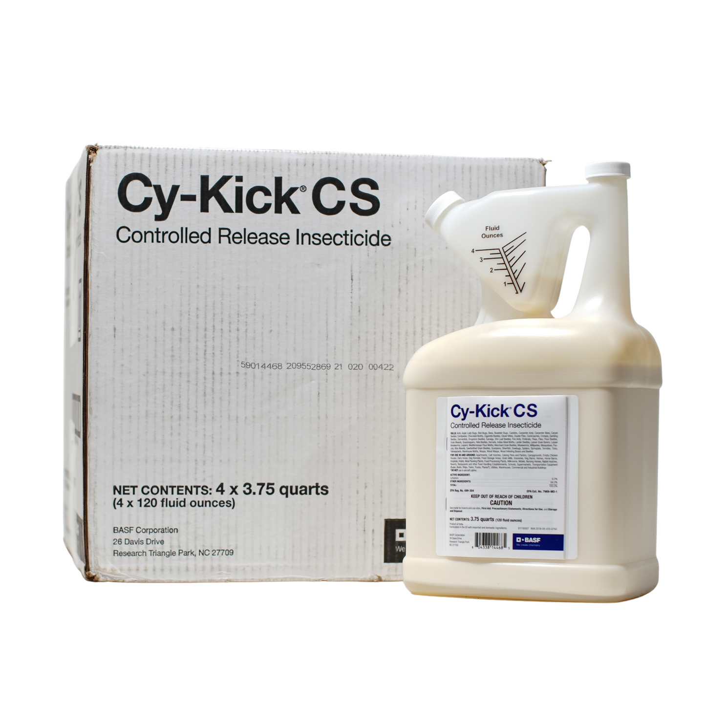 A white bottle labeled 'Cy-Kick CS' in a spray bottle design, indicating it is a controlled release insecticide.
