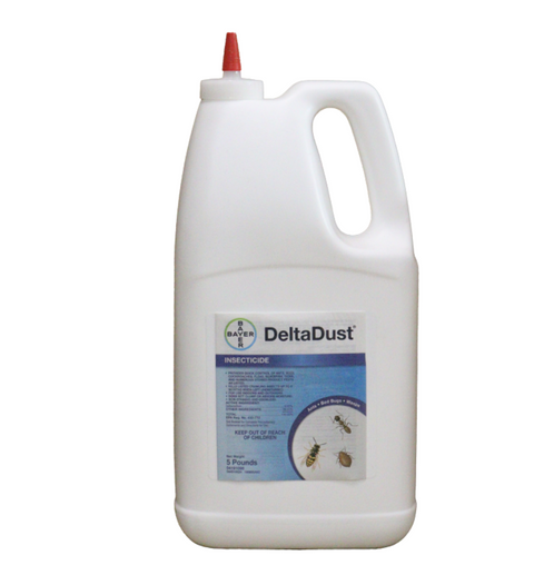 A white plastic container labeled 'DeltaDust' for use in pest control, with a red cap on top.