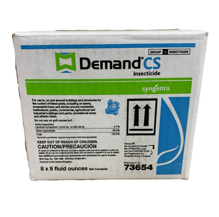 A bottle of Demand CS insecticide with a label showing product information and branding.