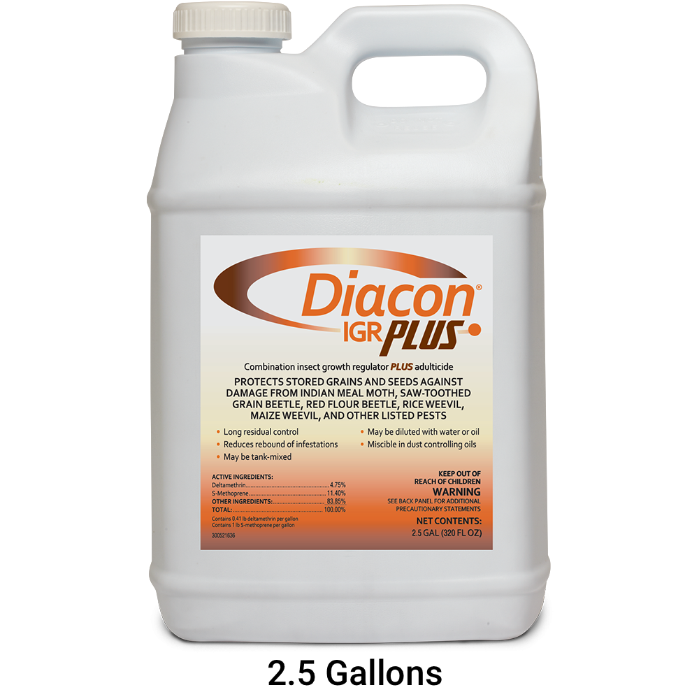A versatile liquid formulation, Diacon IGR PLUS is ideal for use on stored grains and for treating empty bins and warehouses for stored product insect control.