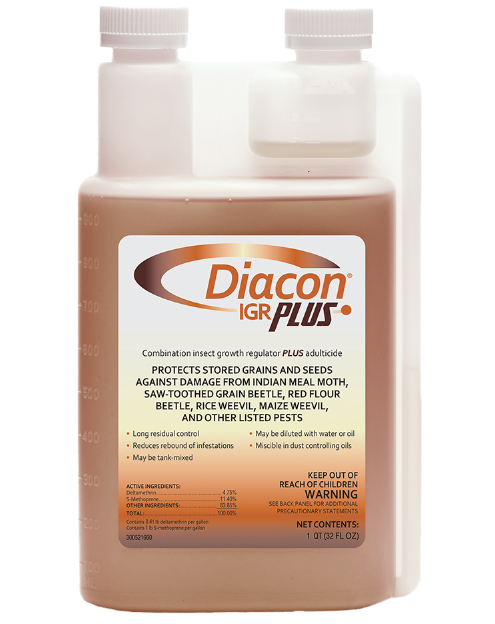 A versatile liquid formulation, Diacon IGR PLUS is ideal for use on stored grains and for treating empty bins and warehouses for stored product insect control.
