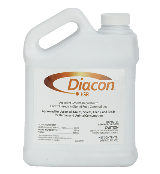 A white plastic bottle with a label featuring the brand name Diacon IGR, which is an insect growth regulator for use in stored food commodities.