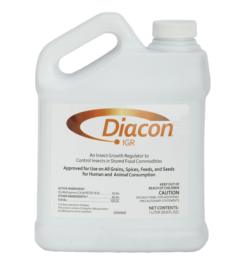 A white plastic bottle with a label featuring the brand name Diacon IGR, which is an insect growth regulator for use in stored food commodities.