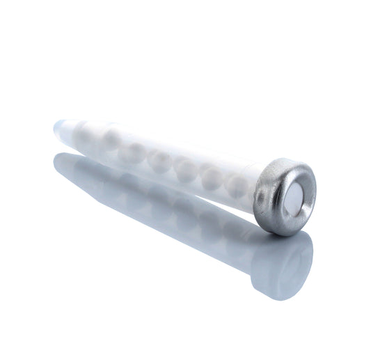 A white cylindrical pheromone bullet lure with a metallic band, designed for attracting specific moth species.