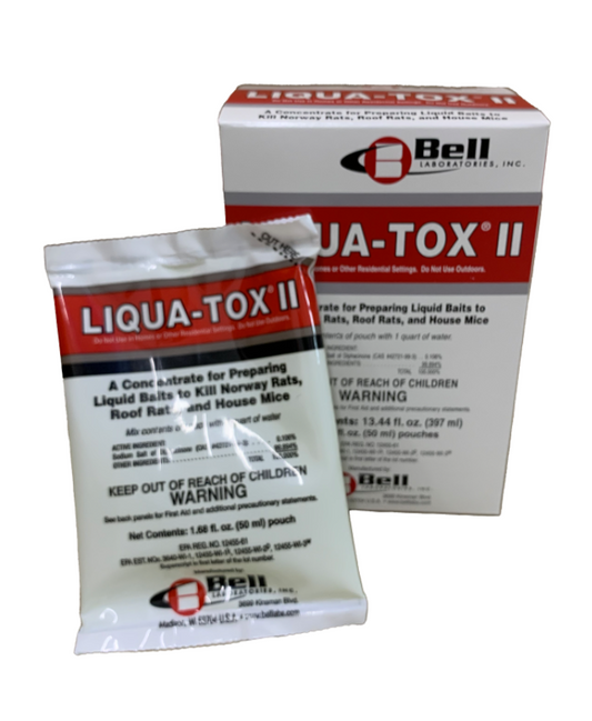Packaging of Liqua-Tox II, a pesticide product for controlling rats and mice, by Bell Pest Control.