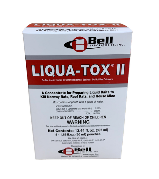 Liqua-Tox II is a liquid concentrate with Diphacinone that effectively controls rats and mice.