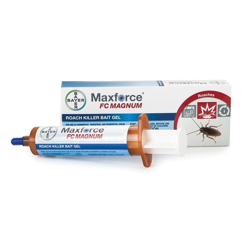 A tube of Maxforce FC Magnum Roach Bait Gel is displayed in front of its packaging box. The tube is white with a brown cap, and the box features the product name and image of a cockroach.