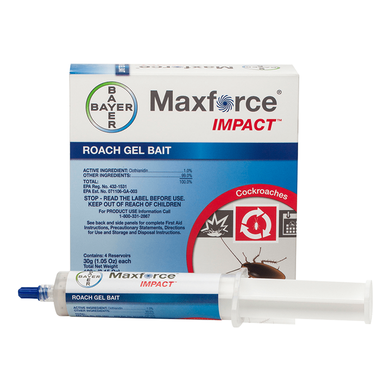 Packaging of Maxforce Impact Roach Gel Bait, showing the box and tube with product information and branding.
