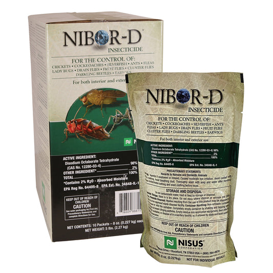 Nibor-D borate insecticide carton and packet combo for ants, roaches and silverfish