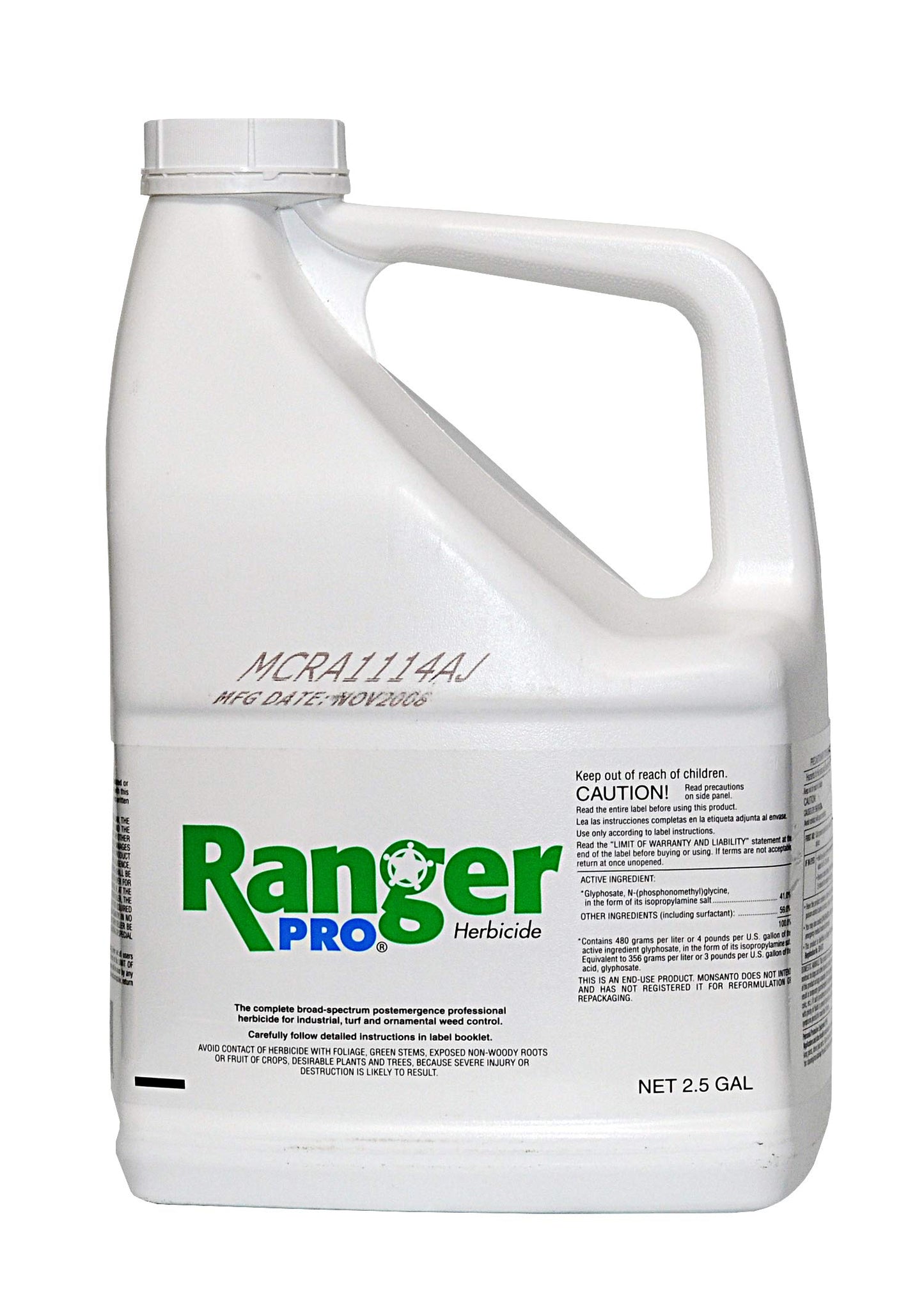 A white plastic gallon container of Ranger Pro Herbicide with a label that includes the product name, brand, and usage information.
