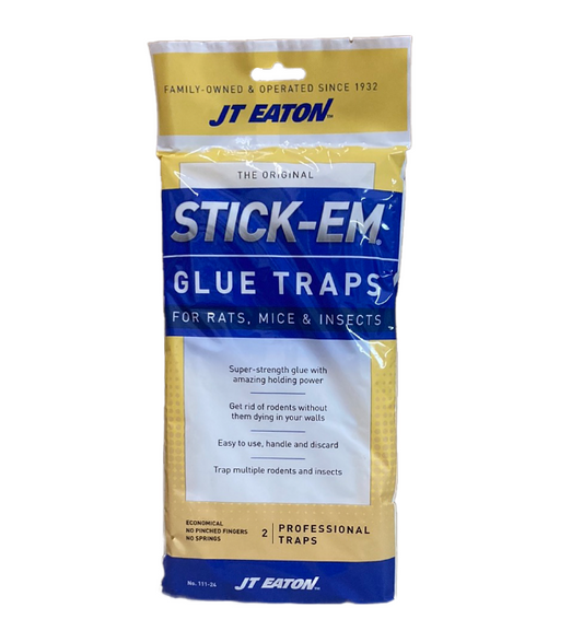 A package of JT Eaton Stick-'em glue traps for capturing pests such as mice and insects.